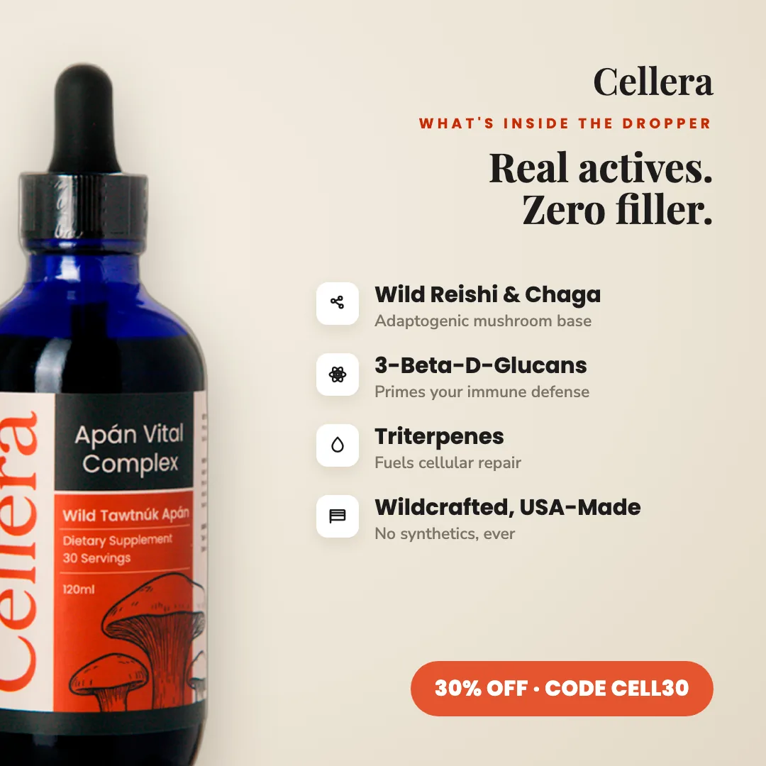 Cellera ingredients ad on warm backdrop with promo code